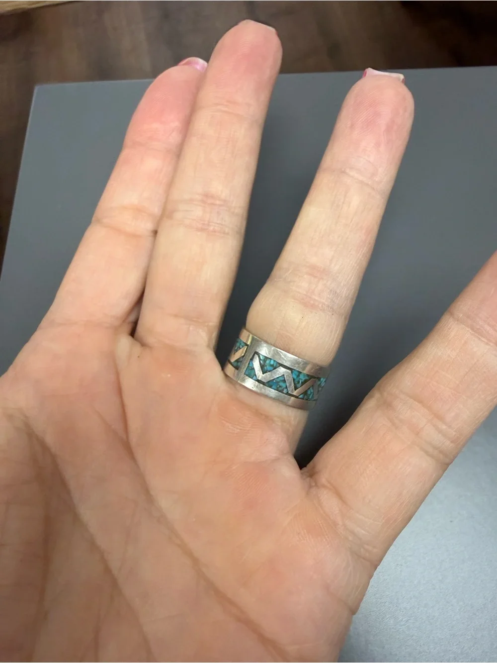 Vintage Sterling Silver Turquoise Inlay Zigzag Band Ring